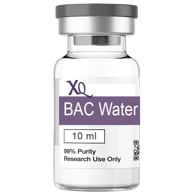 A clear vial of BAC Water with a purple label, indicating 10 ml and 99% purity.