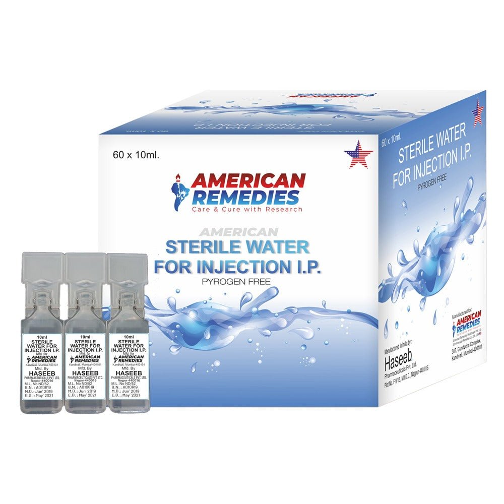 A box of American Remedies Sterile Water for Injection I.P., 60 x 10ml, with three vials.