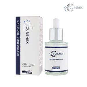 A Curenex Daily Care Skin Booster Serum bottle and its white and blue box are shown.