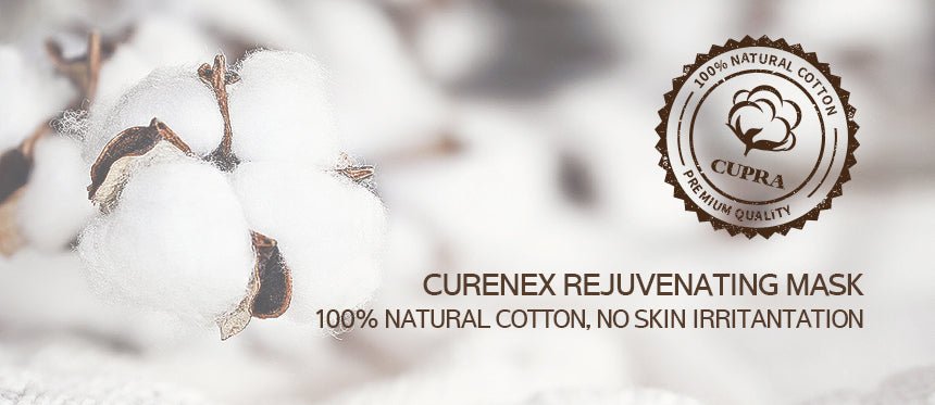 Cotton bolls with text "CURENEX REJUVENATING MASK 100% NATURAL COTTON".