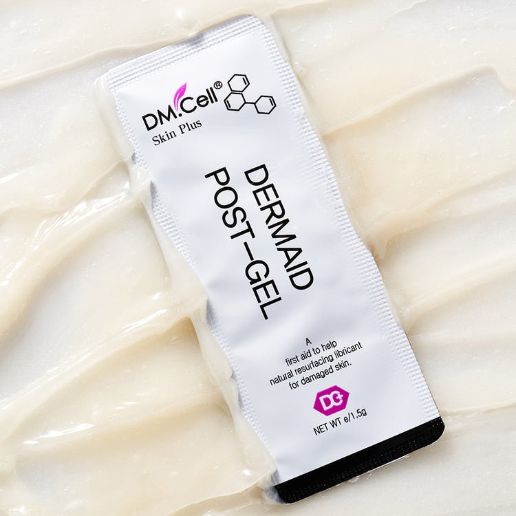 DM. Cell Skin Plus Dermaid Post-Gel packet on a creamy white background.