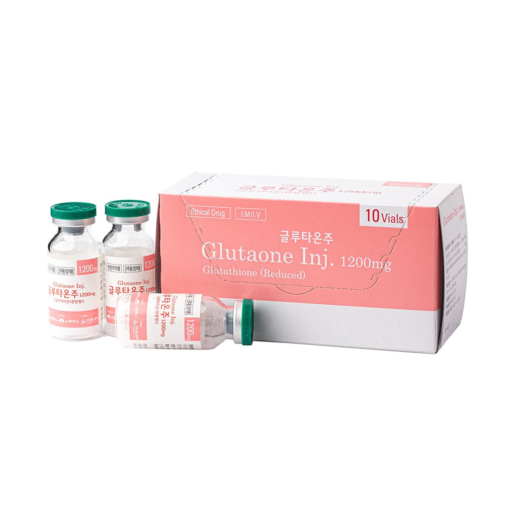 A box of GLUTAONE - Glutathione Antioxidant 1200MG with three vials in front.