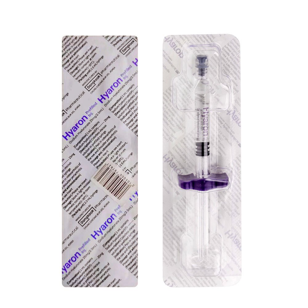 Two Hyaron HA Skin Booster syringes in packaging, one with a purple plunger.