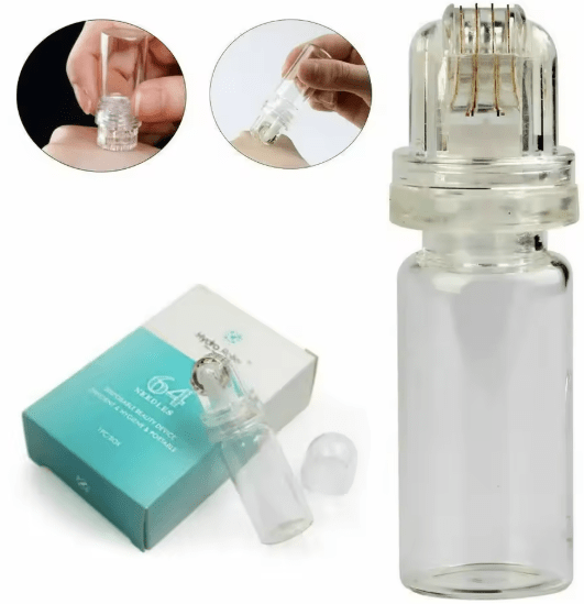 A clear glass microneedle system with 64 needles, shown with its packaging and in use.