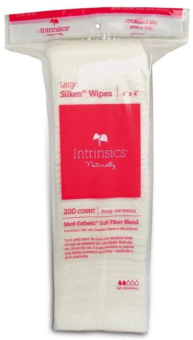 Intrinsics Silken Wipes, 200 count, in a clear and red resealable bag.