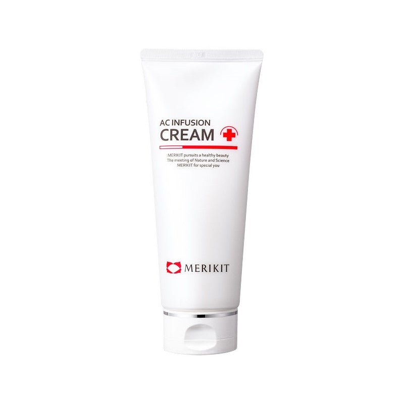 White tube of MERIKIT AC Infusion Cream with red text and logo.