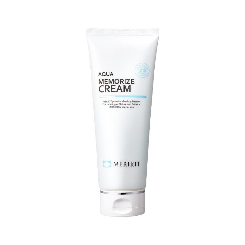 White tube of MERIKIT Aqua Memorize Cream with blue accents.