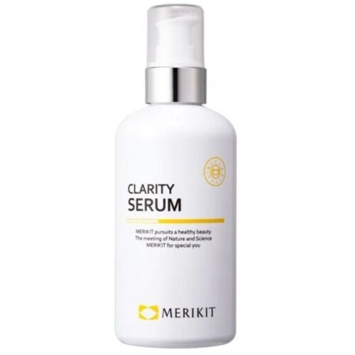 A white bottle of Merikit Clarity Serum with a silver pump top.