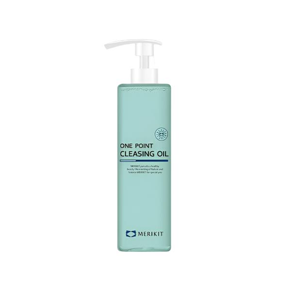 A light blue bottle of MERIKIT One Point Cleansing Oil with a white pump.