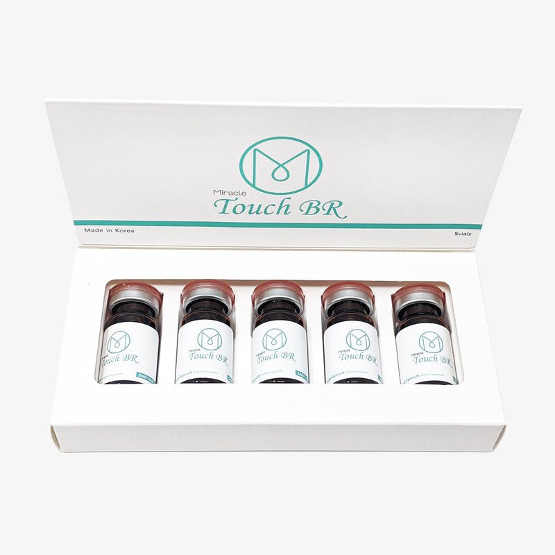 A white box of Miracle Touch BR with five small vials inside.