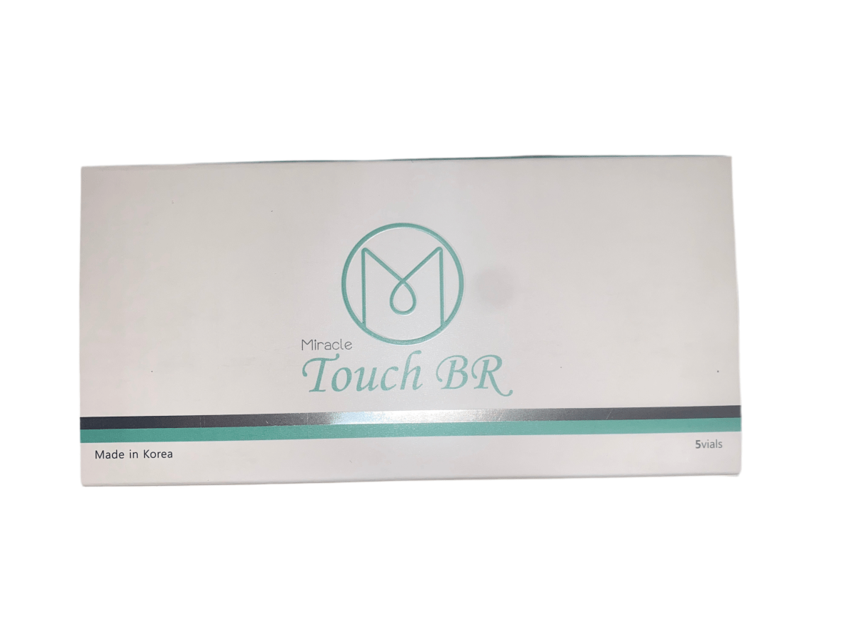 A white box for Miracle Touch BR with a teal logo and text, "Made in Korea" and "5vials".