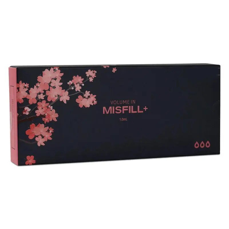A black box with pink cherry blossoms and "VOLUME IN MISFILL+ 1.0mL" in pink text.