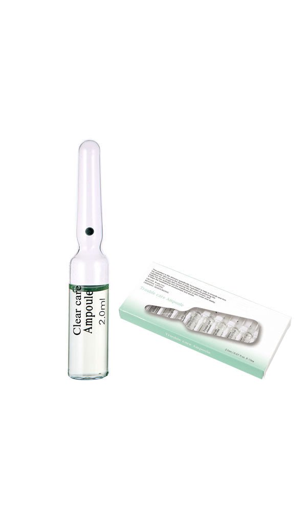 A single glass ampoule labeled "Clear care Ampoule 2.0ml" next to a box of ten.