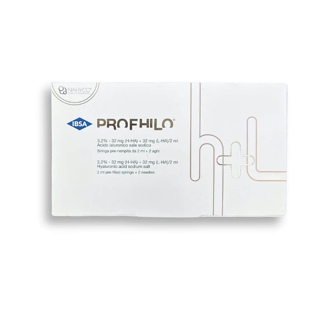 White box of Profhilo H+L 2ml with text in Italian and English, and a stylized logo.