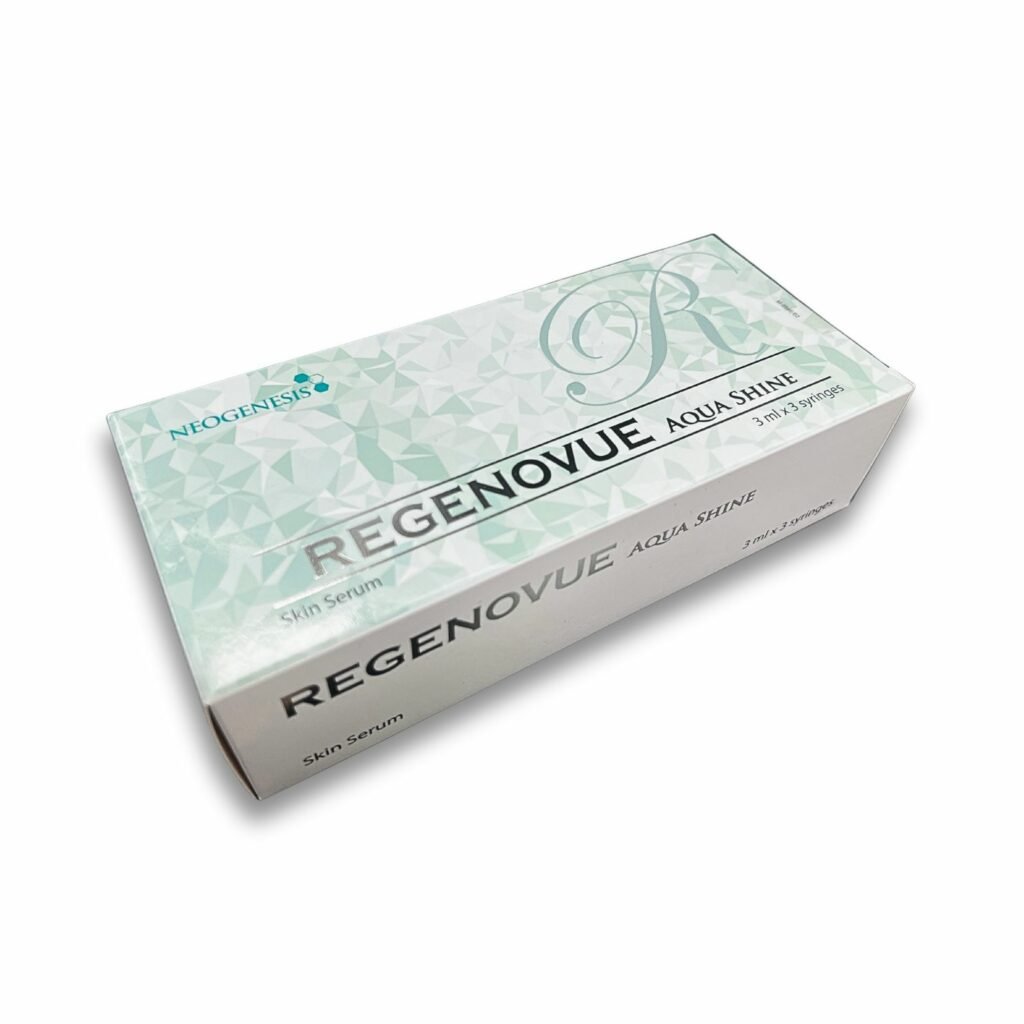 A white box for Regenovue Aqua Shine skin serum with green geometric patterns.