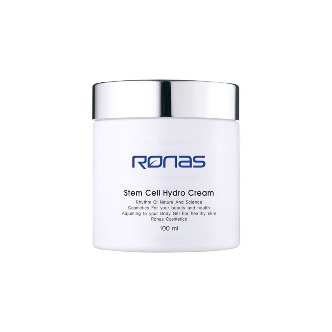A white jar of RONAS Stem Cell Hydro Cream with a silver lid.
