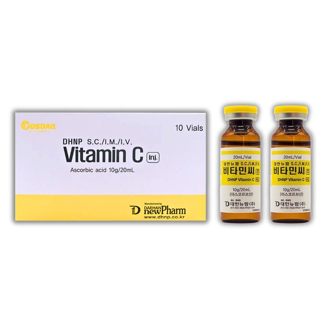 A box of DHNP Vitamin C 10g/20mL with two vials of the solution.