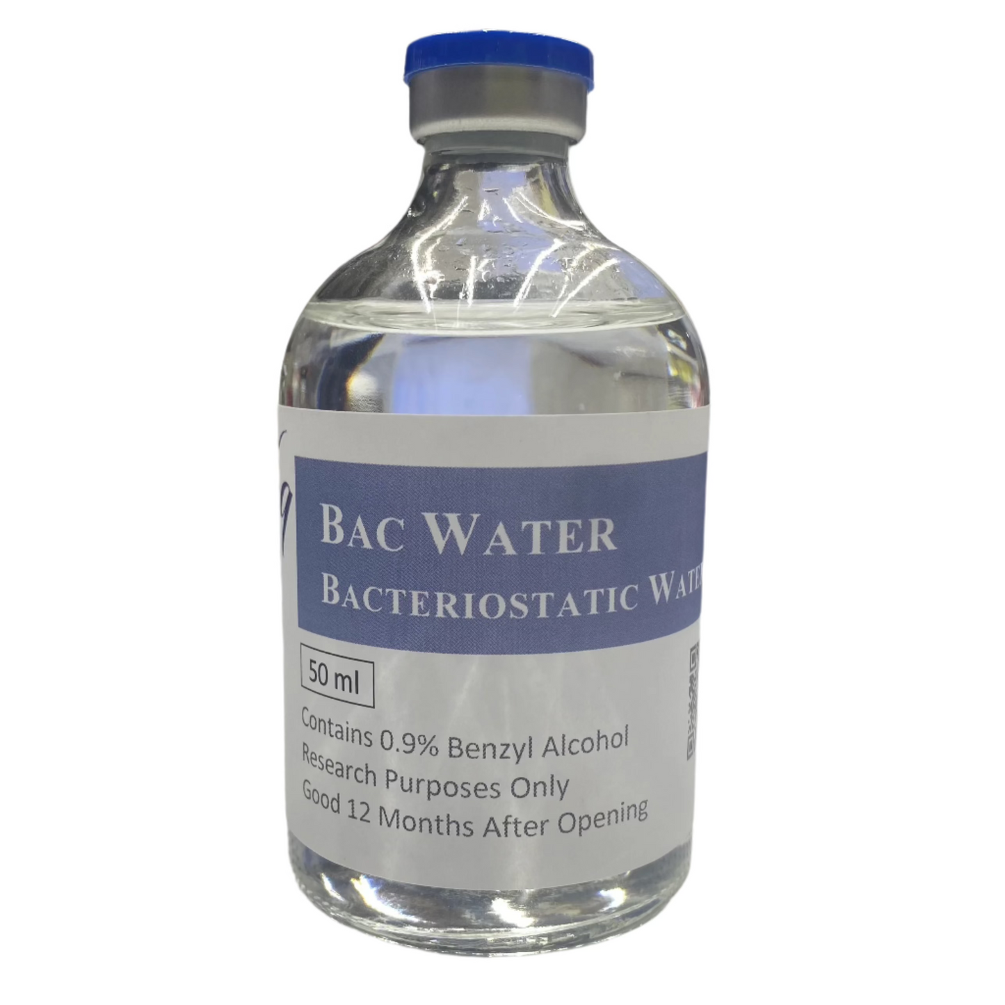 A clear glass vial of Bacteriostatic Water with a blue cap and white label.