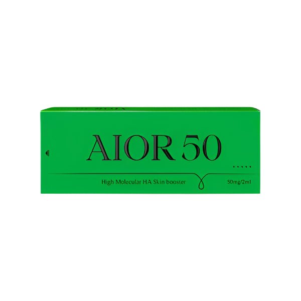 A green box of AIOR 50 High Molecular HA Skin booster, 50mg/2ml.