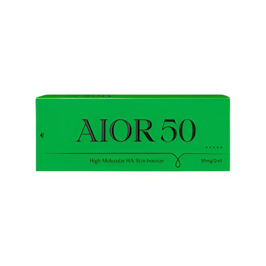A green box of AIOR 50 High Molecular HA Skin booster, 50mg/2ml.