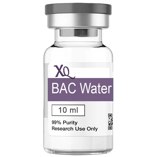 A clear vial of BAC Water with a purple label, indicating 10 ml and 99% purity.