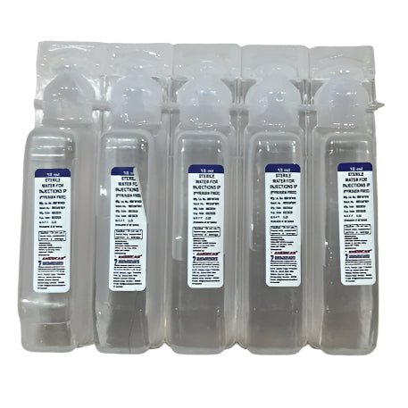 Five 10ml vials of sterile water for injections, packaged in a clear plastic tray.