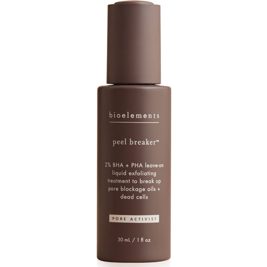A brown bottle of Bioelements Peel Breaker 1oz, a liquid exfoliating treatment.