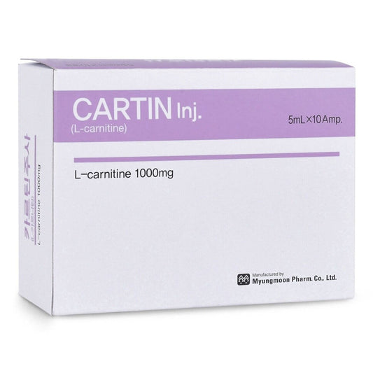 A white box of Cartin Inj. (L-carnitine) 1000mg, 5mL x 10 Amp.