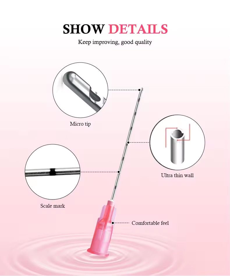 A blunt cannula nanocannula with a micro tip, scale mark, and ultra-thin wall.