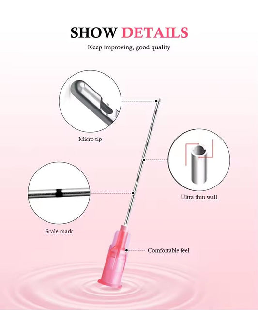 A blunt cannula nanocannula with a micro tip, scale mark, and ultra-thin wall.