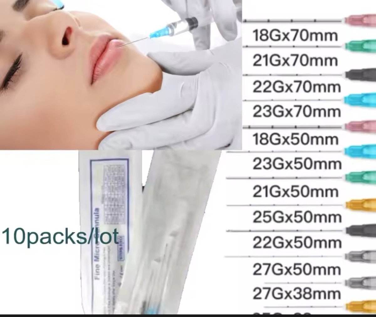 A woman receives a lip injection with a blunt cannula, shown with various sizes and packaging.