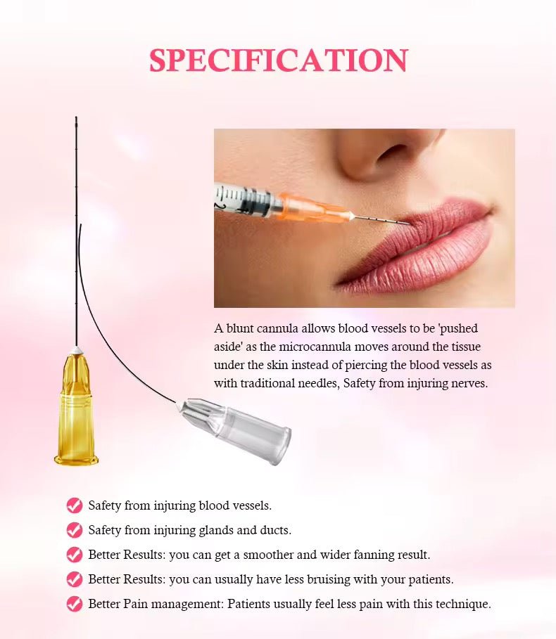 A blunt cannula and pilot needle are shown with text explaining their benefits for injections.