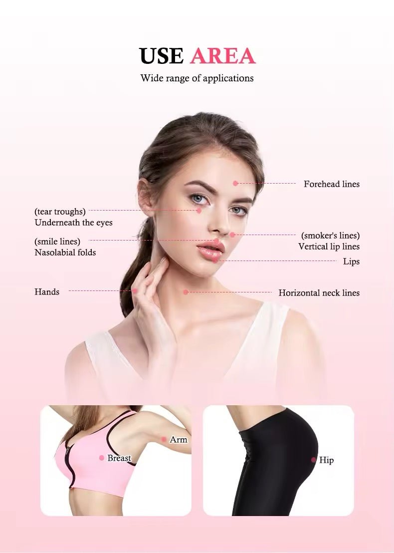 An image showing a woman with various areas of her face and body highlighted for treatment.