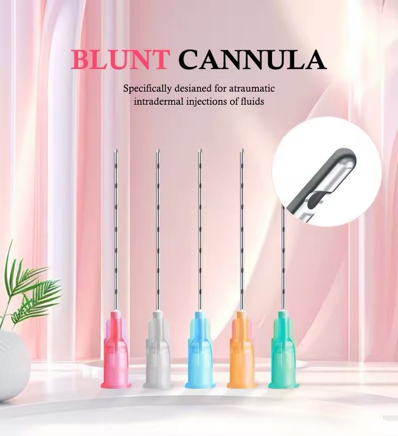 Five blunt cannulas with colorful bases are displayed against a pink background.