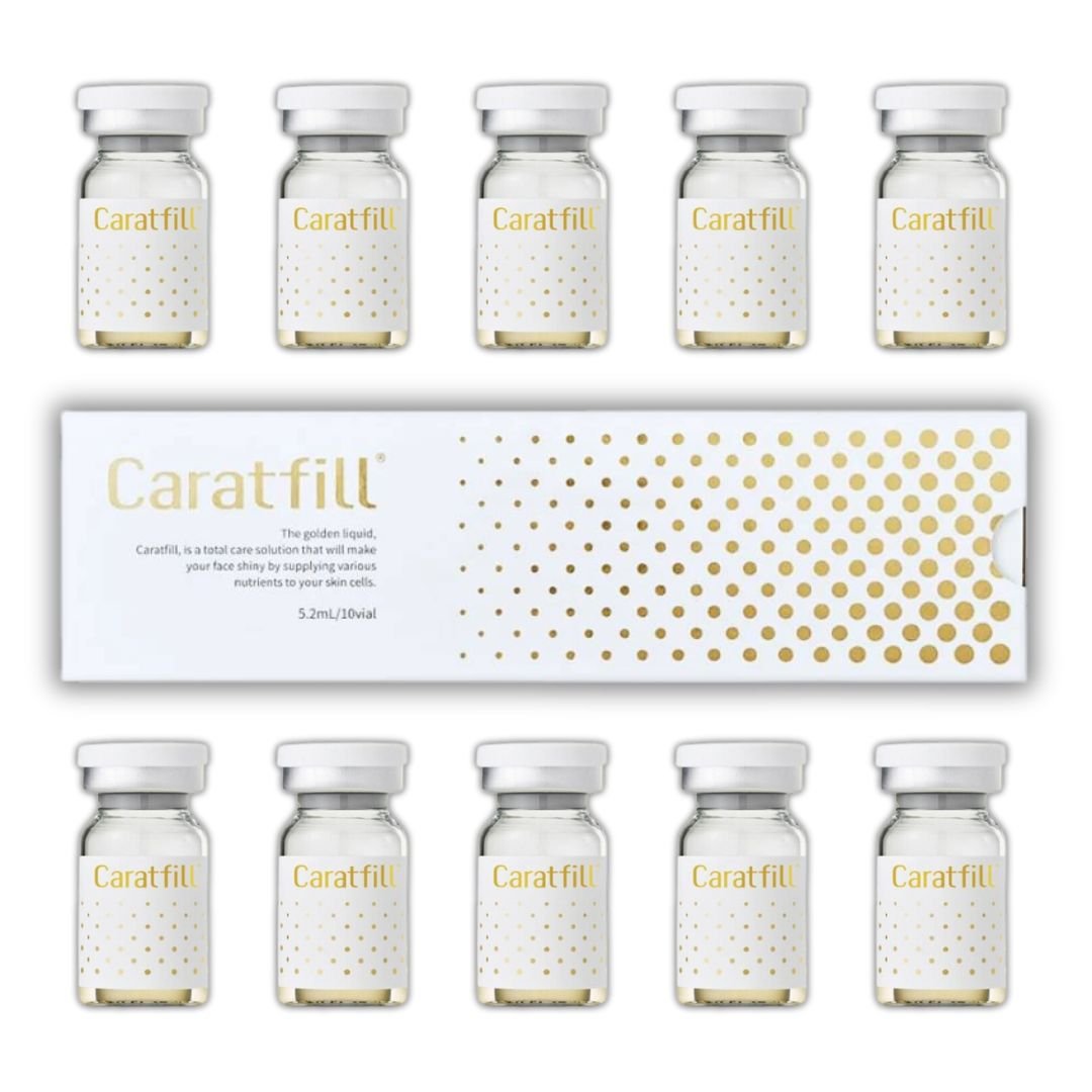 Ten Caratfill vials and a box with gold polka dots are displayed.