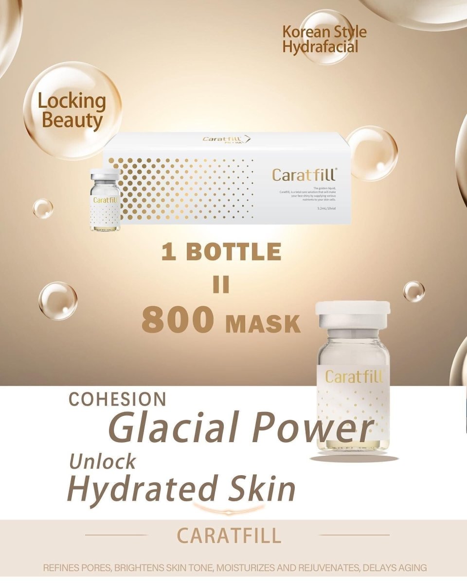 A Caratfill Skinbooster box and two vials are displayed against a gold background.