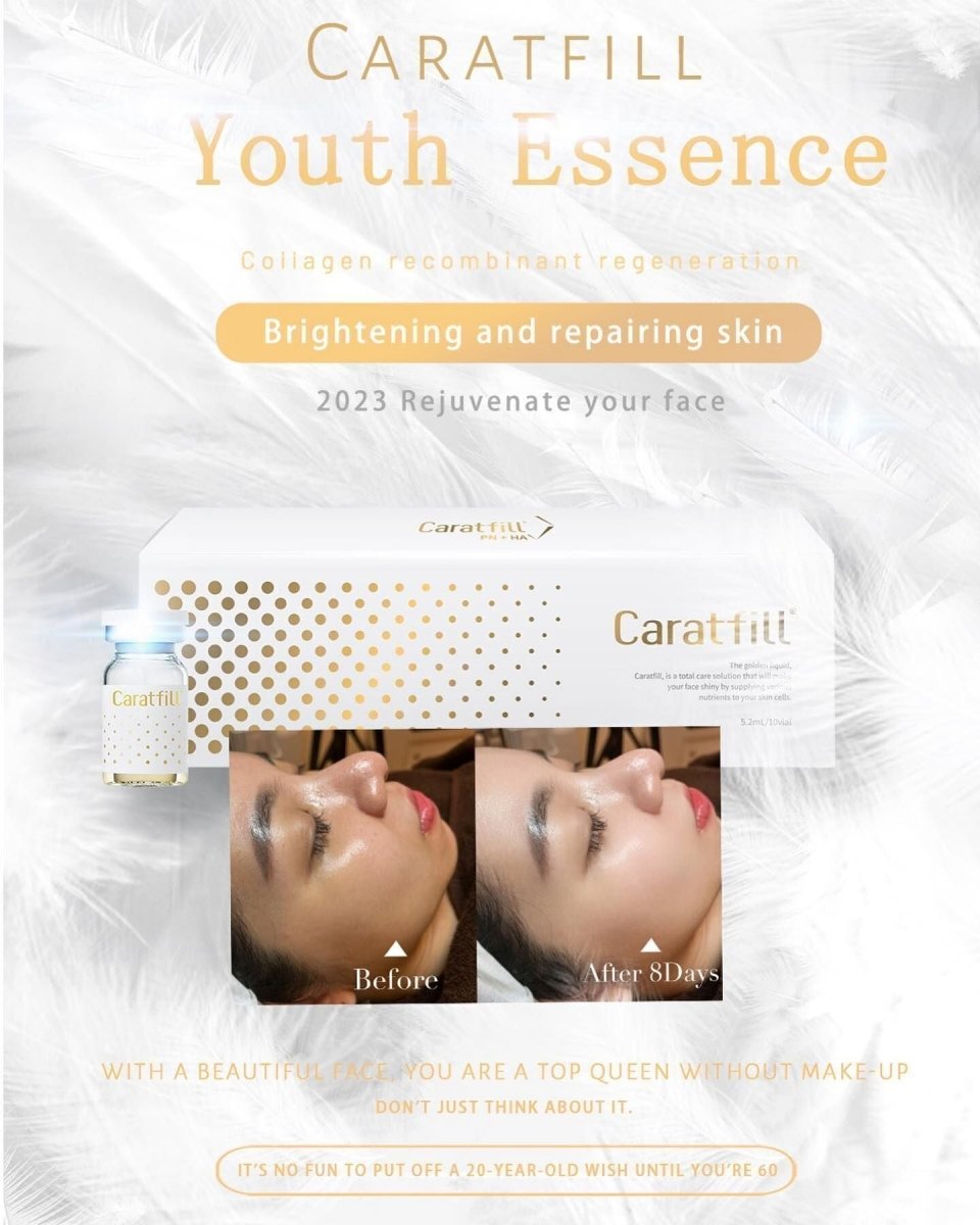 Caratfill Youth Essence with before and after images showing skin improvement.