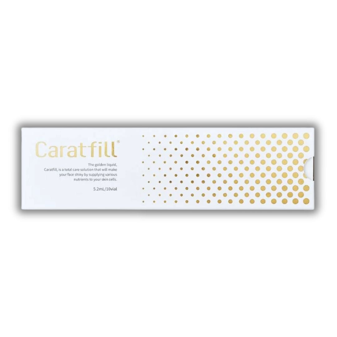 A white rectangular box for Caratfill Skinbooster with gold text and a pattern of gold dots.