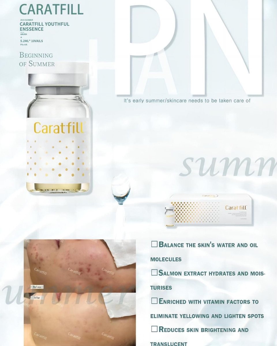Caratfill Skinbooster vial with gold polka dots, before and after acne treatment.