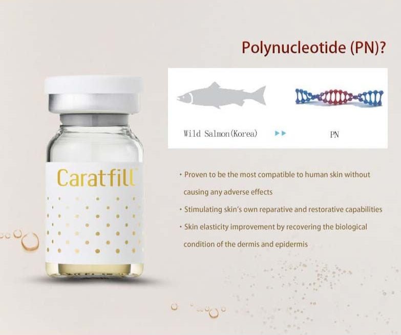 A Caratfill Skinbooster vial with gold polka dots, next to information about Polynucleotide (PN).