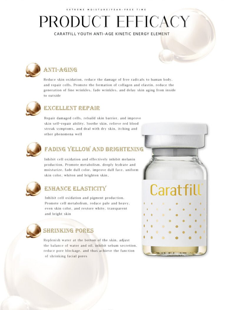 A Caratfill Skinbooster bottle with gold dots, next to text describing its benefits.