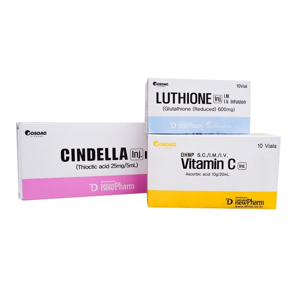 Three boxes of Cindella, Luthione, and Vitamin C injections are stacked on a white background.