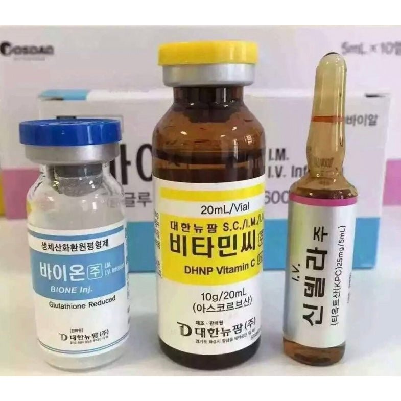 Three vials of Korean skincare products, including Cindella, Vitamin C, and Glutathione.