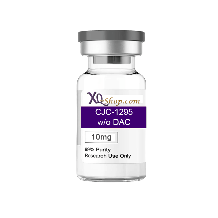 A white vial with a grey cap labeled "CJC-1295 w/o DAC 10mg, 99% Purity".