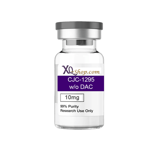A white vial with a grey cap labeled "CJC-1295 w/o DAC 10mg, 99% Purity".