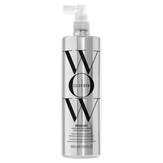 A silver Color WOW Dream Coat Supernatural Spray bottle with a clear pump top.