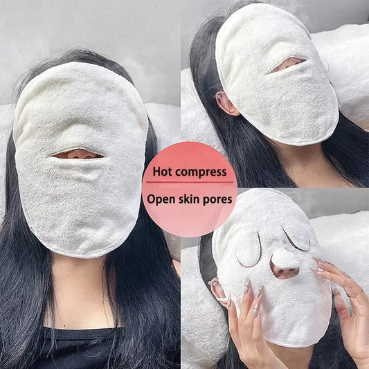 White cotton face compress wrap shown in three different applications.