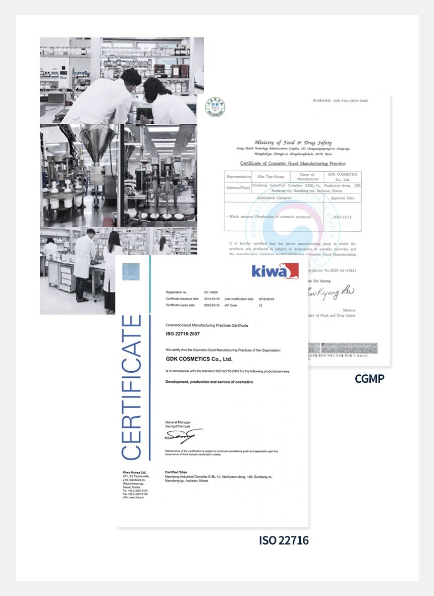 Certificates for cosmetic good manufacturing practices and ISO 22716 are displayed.
