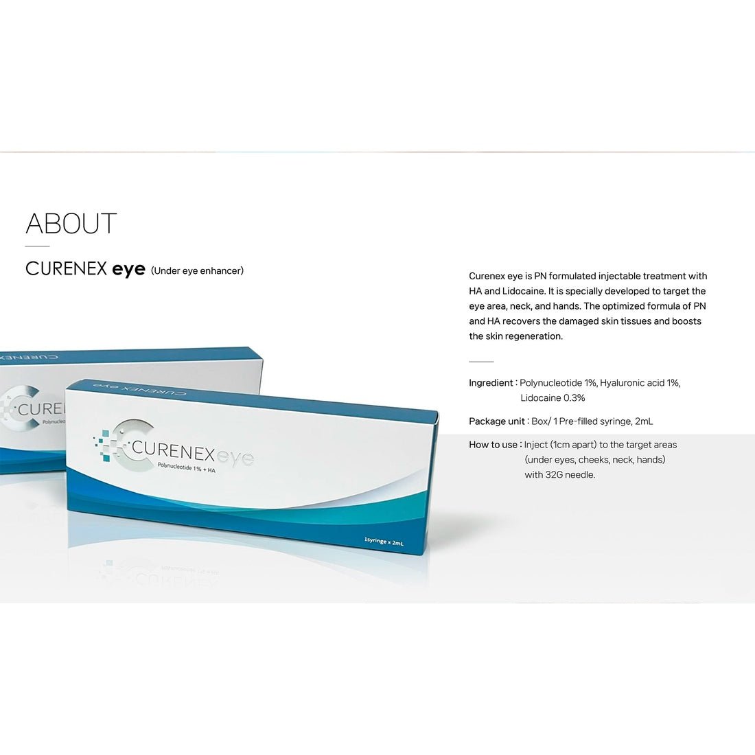 Two white and blue boxes of Curenex Eye skin booster are shown with product details.