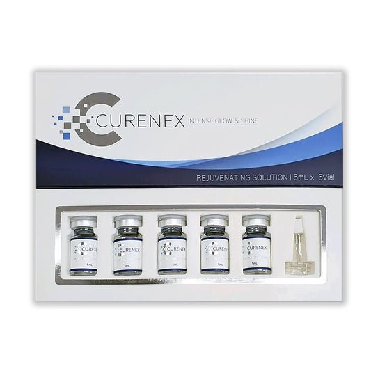 A white box of Curenex Intense Glow & Shine PDRN Skin Booster with five vials.